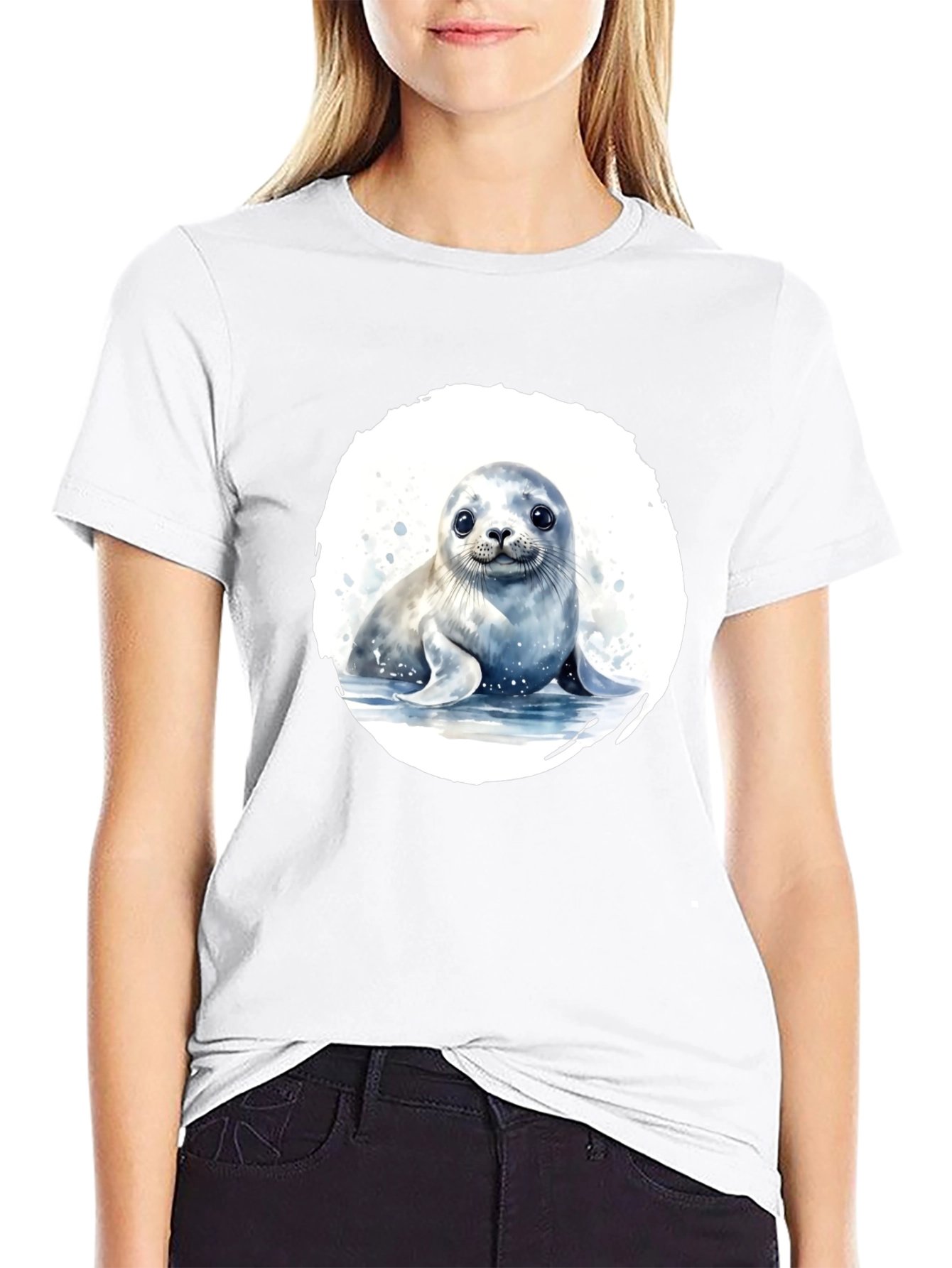 Cute Seal Graphic T-Shirt - Black