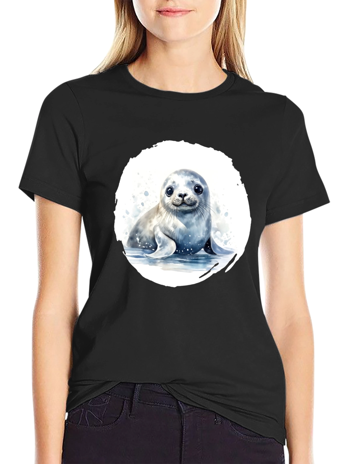 Cute Seal Graphic T-Shirt - Black