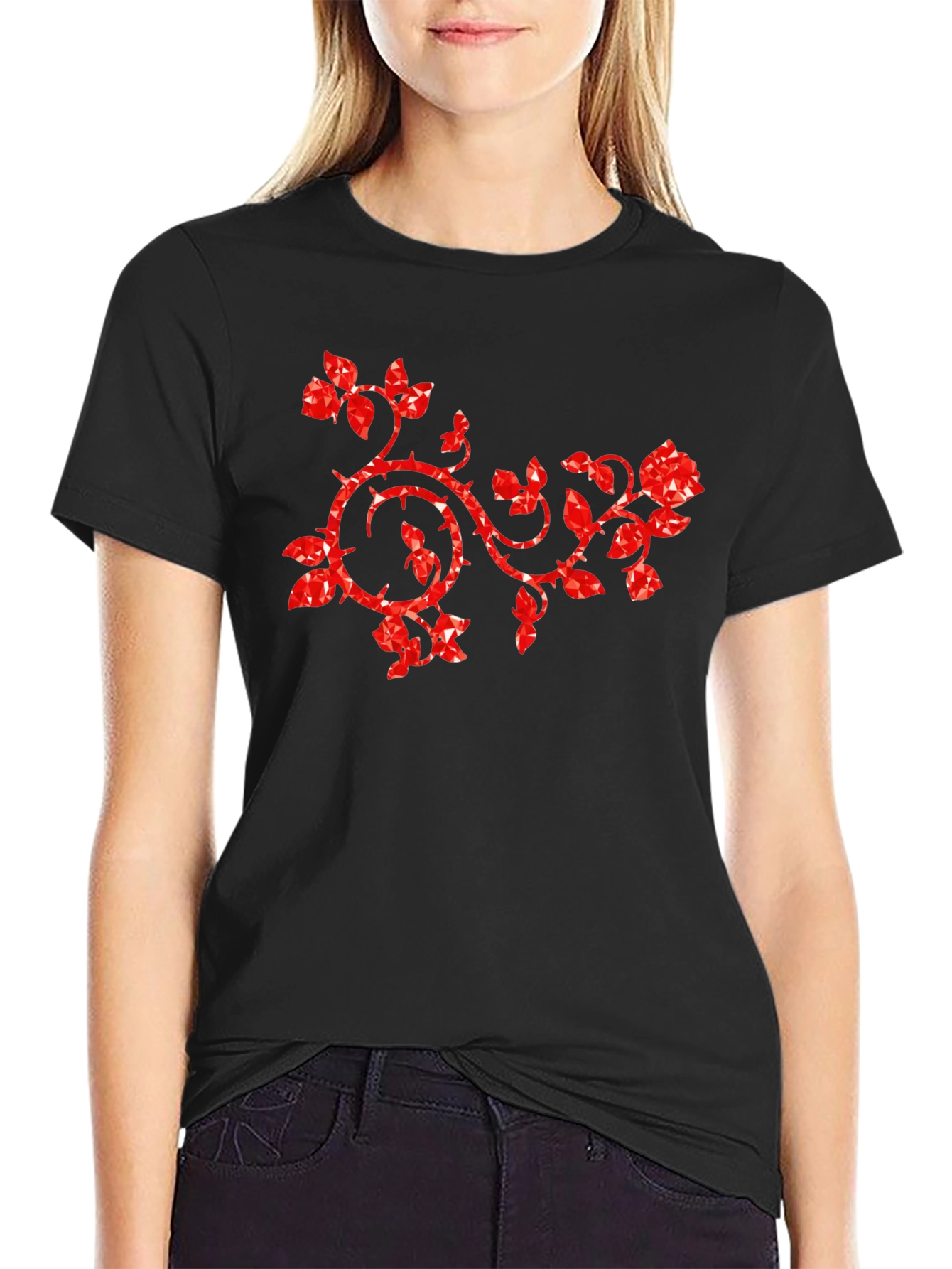 Rose Vines Graphic T-Shirt Black Cotton Tee