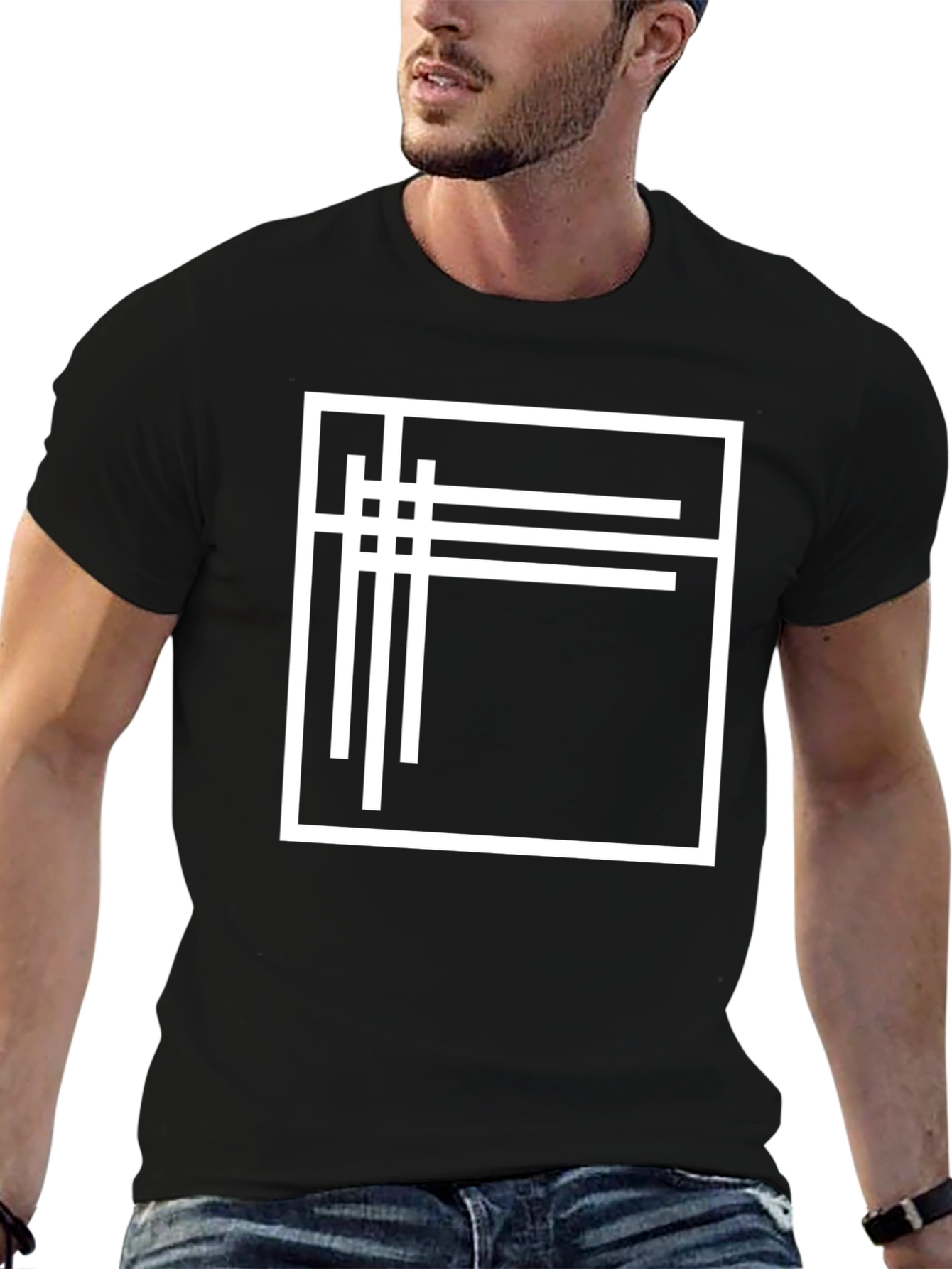 Modern Graphic Tee - Black with White Line Design